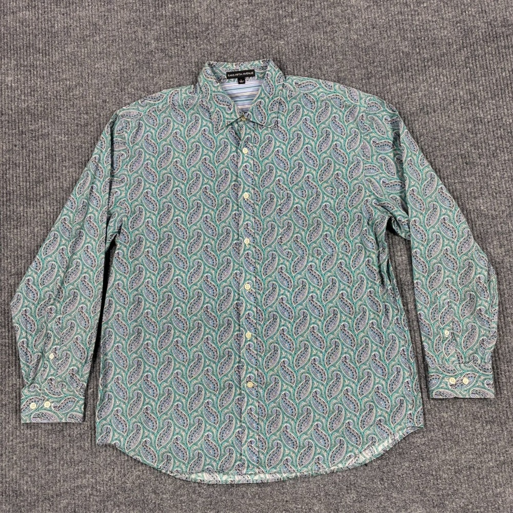 Saks Fifth Avenue Mens Button Up Shirt Size L Green Blue Paisley Long Sleeve
